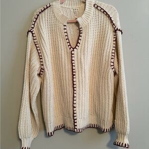 POL Chenille Long Sleeve V Neck
Sweater with burgundy Stitching light cream